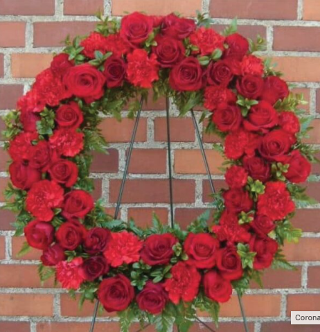 Corona fúnebre de rosas rojas y claveles R03